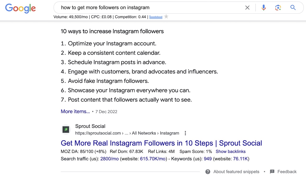 How To Get Instagram Followers Featured Snippet Example